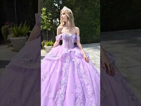 Video of Lilac Quinceañera Dress with Floral Embroidery and Detachable Straps