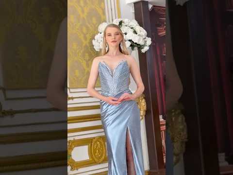 Dusty Blue Strapless Bejeweled Corset Prom Dress with Slit & Pleated Skirt