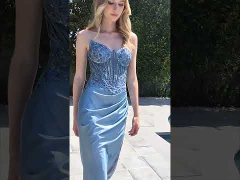 Slate Blue Satin Beaded Prom & Evening Gown