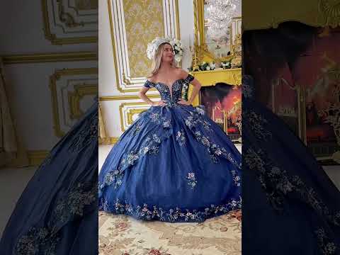 Navy Off-Shoulder Ball Gown with V-Neck Corset, Floral Embroidery, Sequin Detail & Detachable Bow