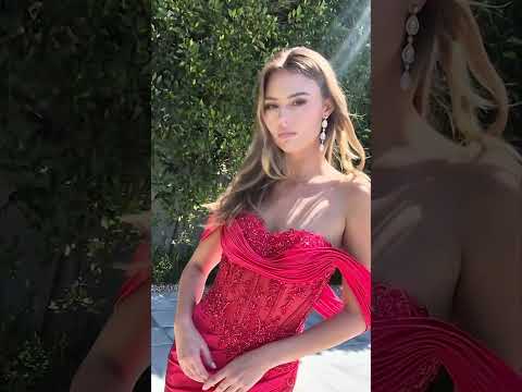 Red Satin Evening Dress with Floral Embroidered Bodice
