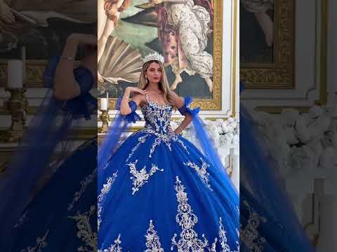 Royal Blue Quinceañera Dress with Embellished Spaghetti Straps and Sheer Cuff Trains