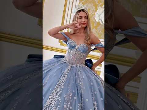 Dusty Blue Off-Shoulder Ball Gown with V-Neck Corset, Beaded Floral Embellishments & Detachable Bow
