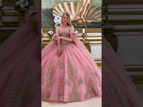 Dusty Rose Quinceañera Dress with Glitter Tulle, Detachable Cuff Sleeves, Train and Bow