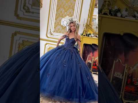 Navy Quinceañera Dress with Beaded Sequin Embellishments, Basque Waist and Butterfly Back