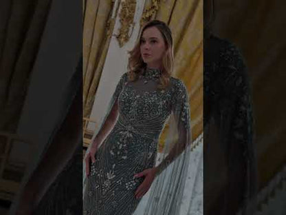 Gray Green Beading Sequins Mesh Mother of the Bride Fitted Dress