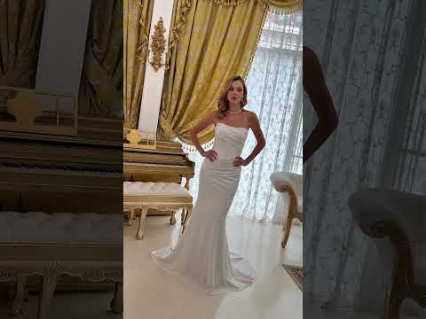 Strapless Wedding Gown with Boat Neckline, Basque Waist & Asymmetrical Pleating