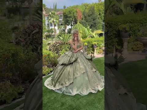 Sage Quinceañera Dress with Gold Scalloped Embroidery, Jewel Strap and Bubble Hem Overskirt