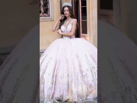 Blush Quinceañera Dress with Gold Glitter Embroidery and Gems with Detachable Long Sleeves