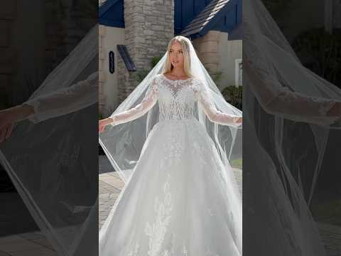 Wedding Dress with Sheer Long Sleeves & Matching Long Veil