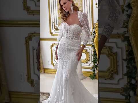Trumpet Beaded Floral Appliques Wedding Dress with Matching Long-Sleeve Bolero