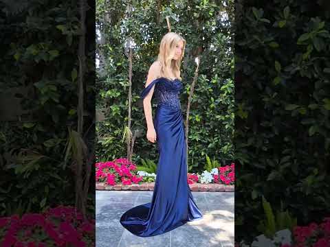 Navy Satin Evening Dress with Floral Embroidered Bodice