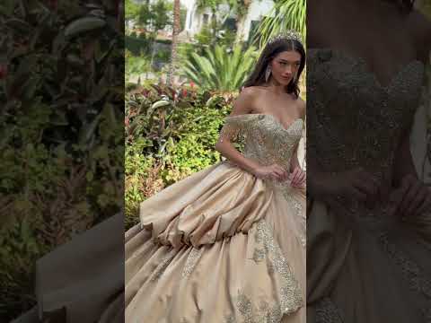 Champagne Quinceañera Dress with Gold Scalloped Embroidery, Jewel Strap and Bubble Hem Overskirt