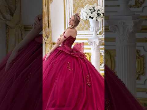Burgundy Quinceañera Dress with Beaded Sequin Embellishments, Basque Waist and Butterfly Back