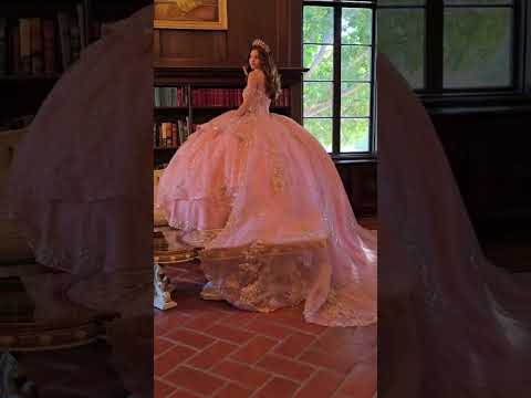Rose Gold Quinceañera Dress with Off Shoulder Epaulets Sleeve with Detachable Cathedral Tulle Train
