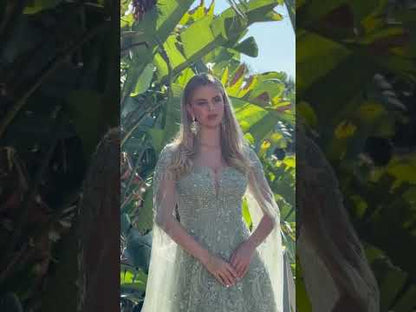 Sage Beaded Cape Sleeve Mother of the Bride A-Line Dress