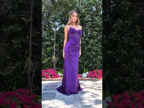 Video of Dark Purple Satin Beaded Prom & Evening Gown