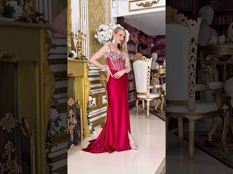 Burgundy Bejeweled V-Neck Corset Prom Dress with Slit & Spaghetti Straps