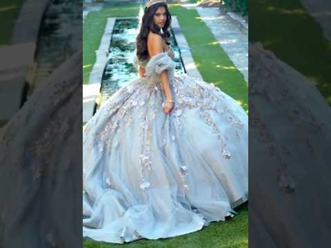Gray Quinceañera Dress with Gold 3D Floral Embroidery, Glitter Tulle and Bow