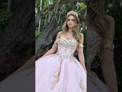 Video of Blush Quinceañera Dress with Gold Embroidery and Detachable Dangling Beaded Straps