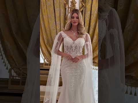 Off White Mesh Wedding Dress with Mesh Cape Sleeves