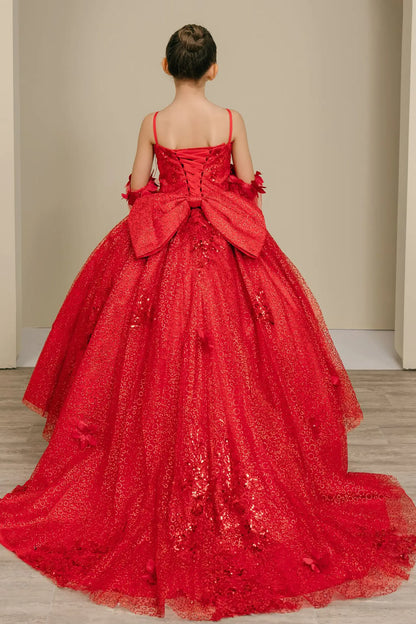 Back view of a red kids quinceañera dress with layered tulle skirt, lace-up corset closure, and floral embroidered accents.