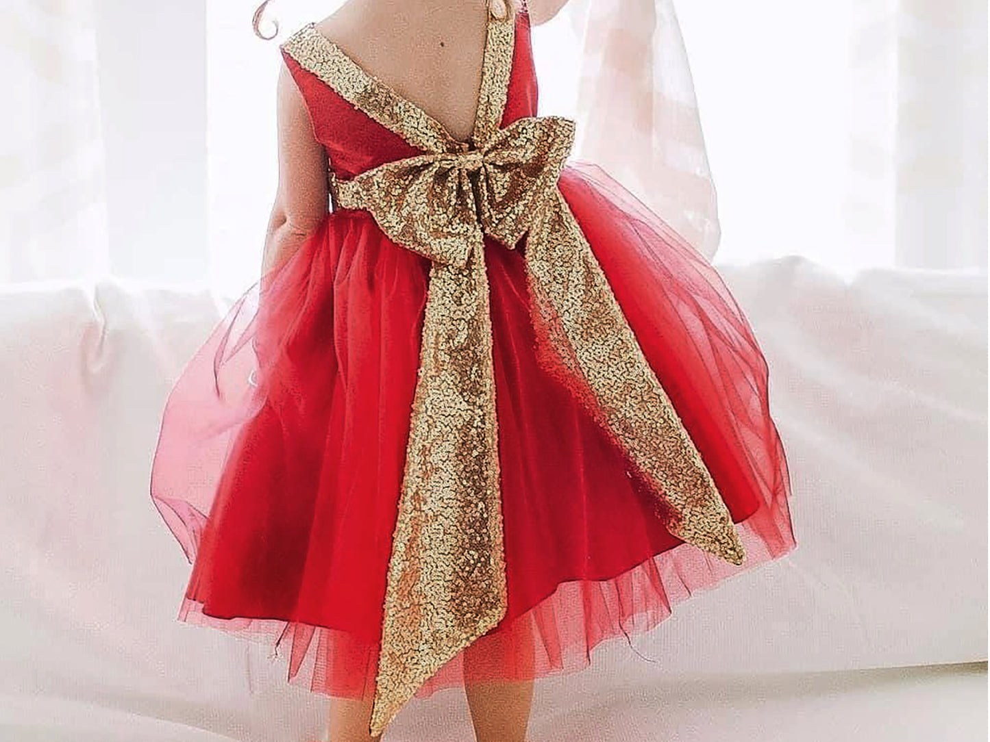 Red USA Made | Sequin V-Back Tulle Flower Girl Dress with detachable Ribbon pin - back view of dress showing bow detail