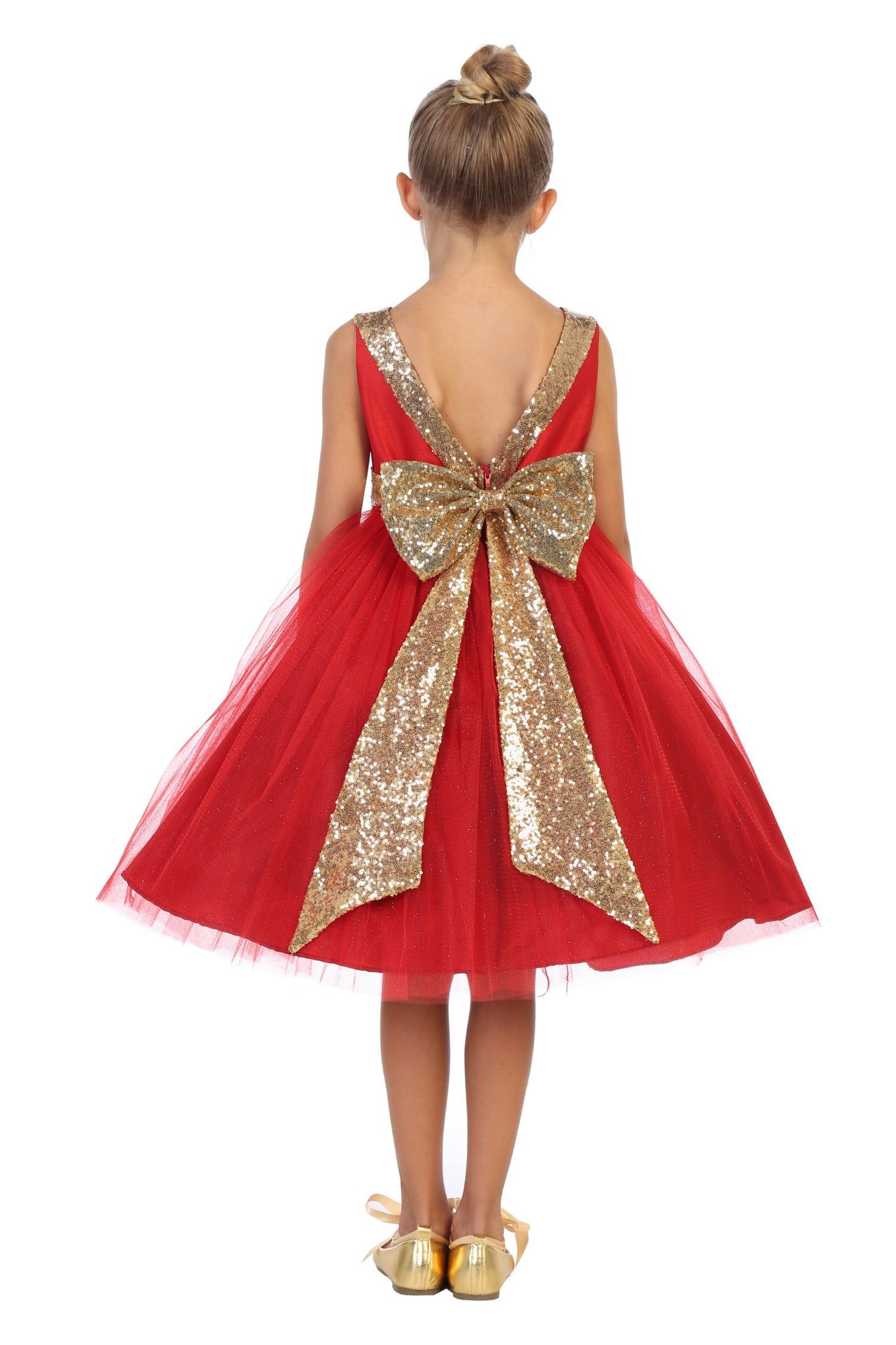 Red USA Made | Sequin V-Back Tulle Flower Girl Dress with detachable Ribbon pin - back view of girl wearing dress with bow