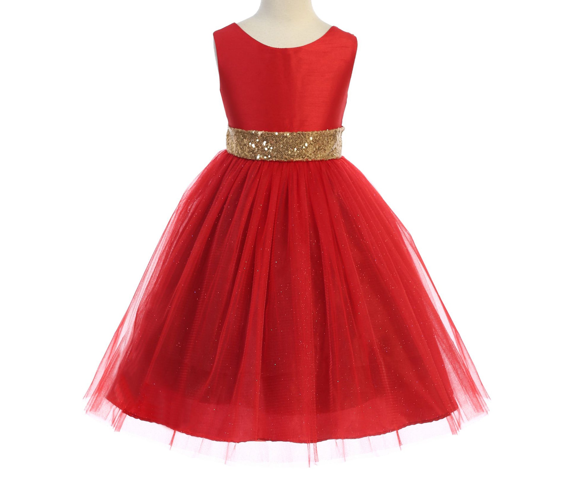 Red USA Made | Sequin V-Back Tulle Flower Girl Dress with detachable Ribbon pin - front view of dress