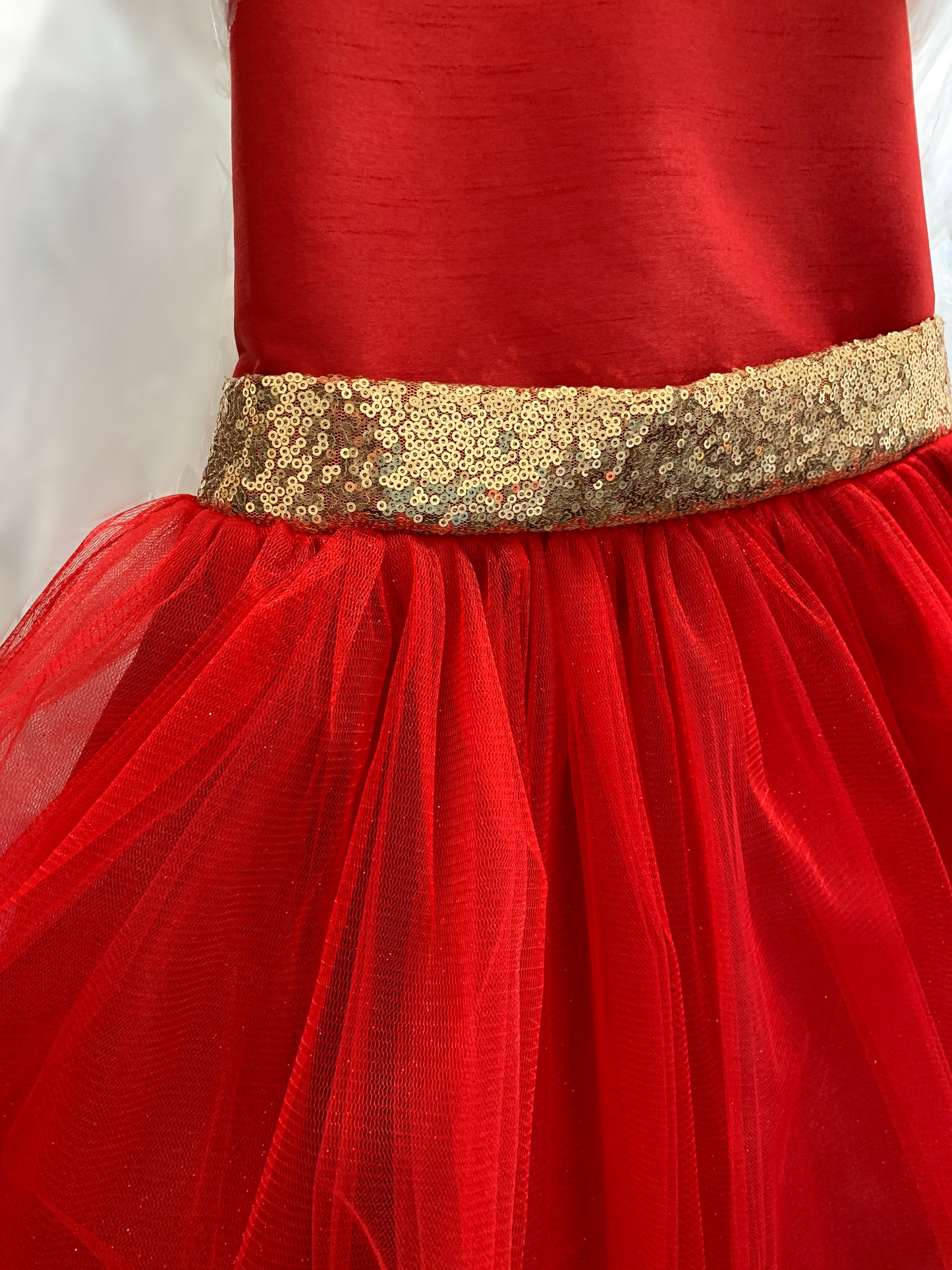 Red USA Made | Sequin V-Back Tulle Flower Girl Dress with detachable Ribbon pin - zoomed in front view of dress and belt