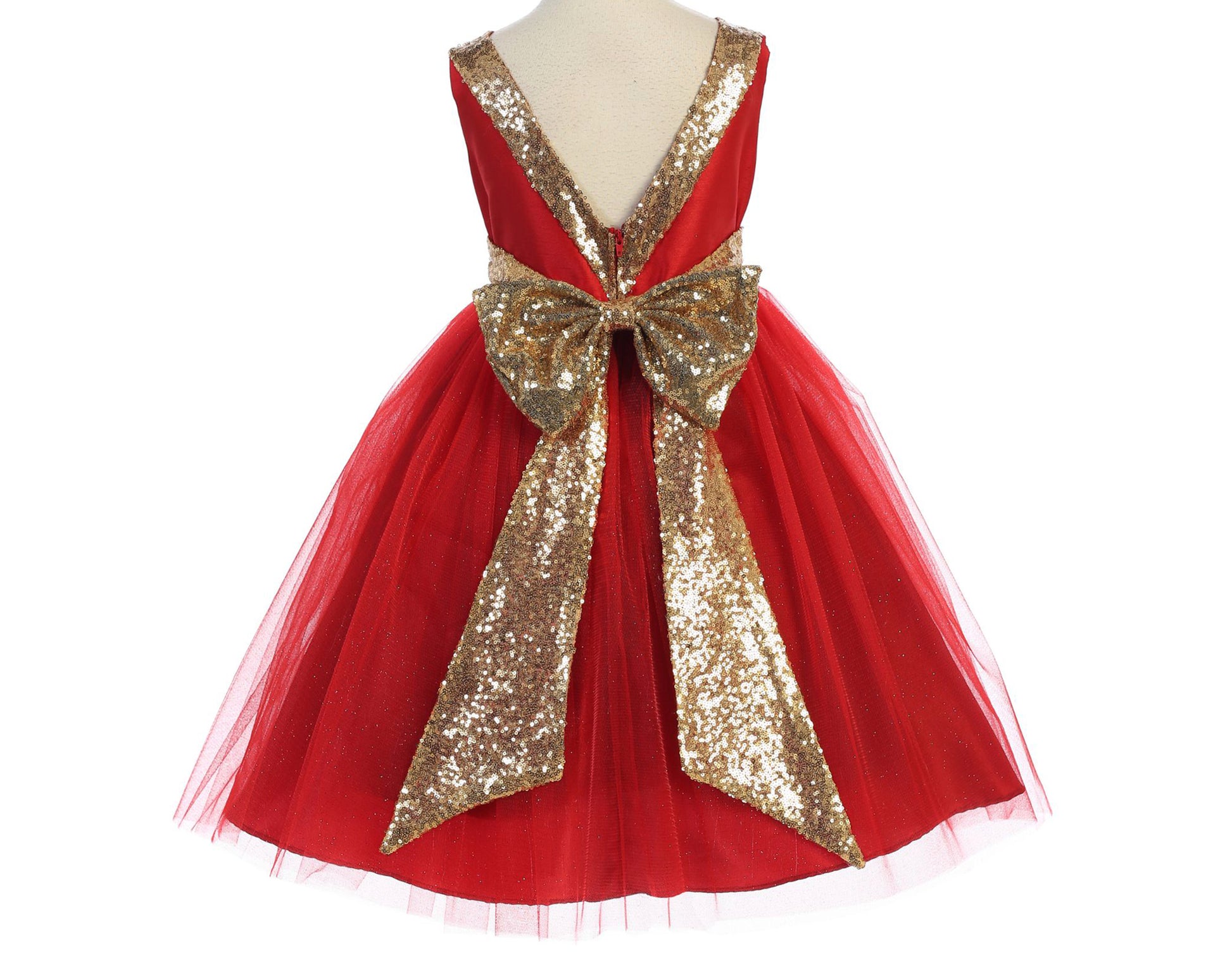 Red USA Made | Sequin V-Back Tulle Flower Girl Dress with detachable Ribbon pin - full back view of dress with beautiful bow