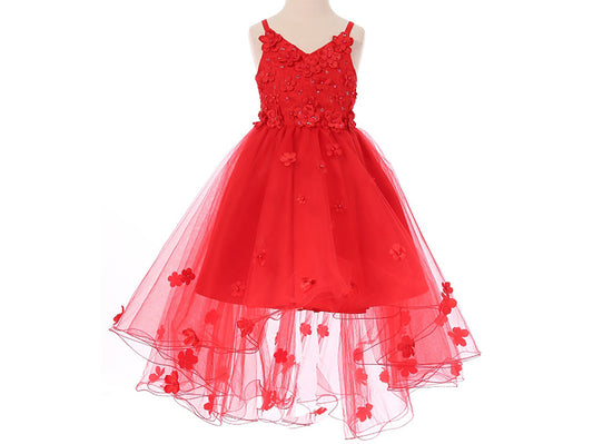 Red High-Low Tulle Dress with Embedded 3D Floral Design | Flower Girl Dress - front view of dress