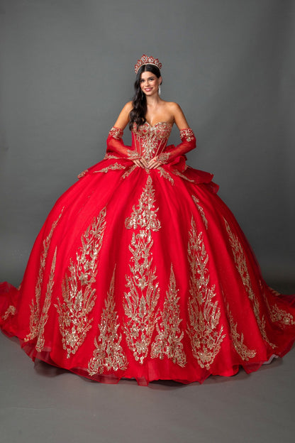 woman wearing red off-shoulder ball gown quinceañera dress with embroidered corset bodice, ornate appliqué, and sweetheart neckline