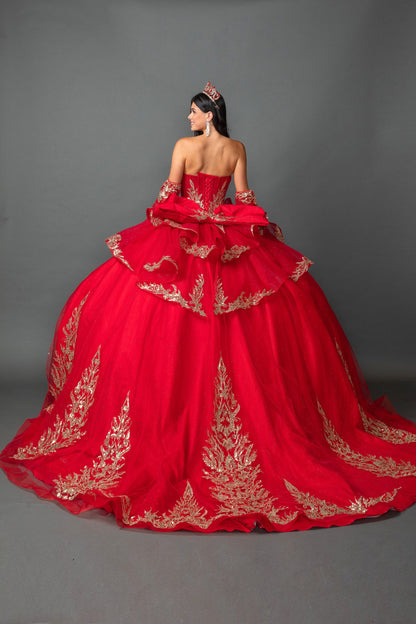 woman back-facing in red off-shoulder ball gown quinceañera dress with lace-up corset bodice, ornate appliqué, and detachable hooded cape detail