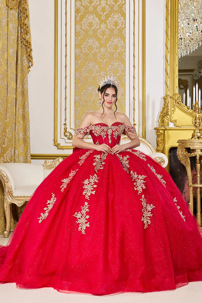 Woman wearing red off-shoulder sweetheart quinceañera dress with gold embroidered corset bodice and voluminous full tulle skirt