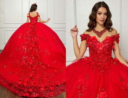 Red Long Train Off-Shoulder Sequin detail 3D Flower and Butterflies bodice with Sparkle Tulle Quince Dress - split view of woman wearing dress, back view and front view