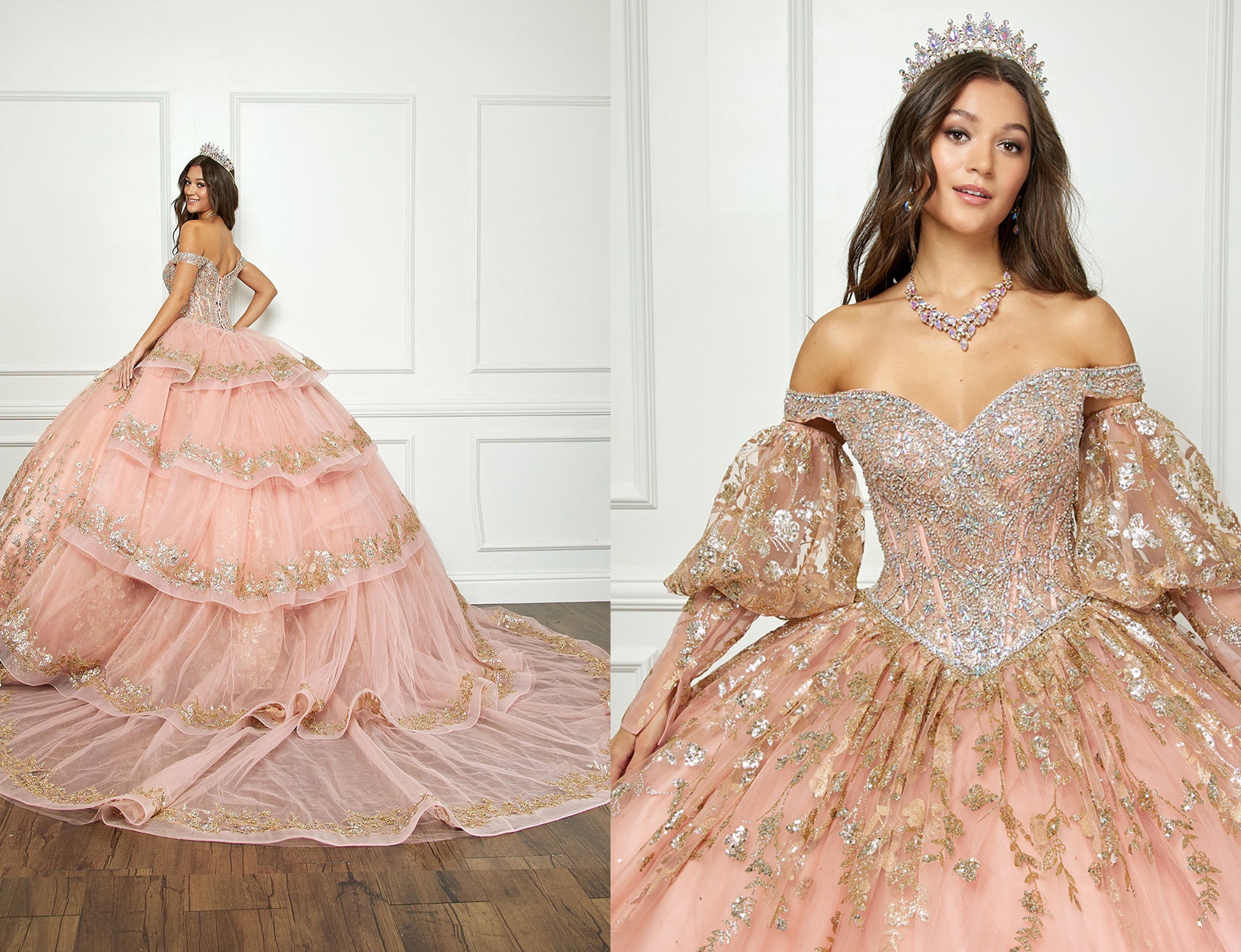 Rose Gold Detachable Train With Stones and Gems See-through Bodice Quince Ball Gown two pictures