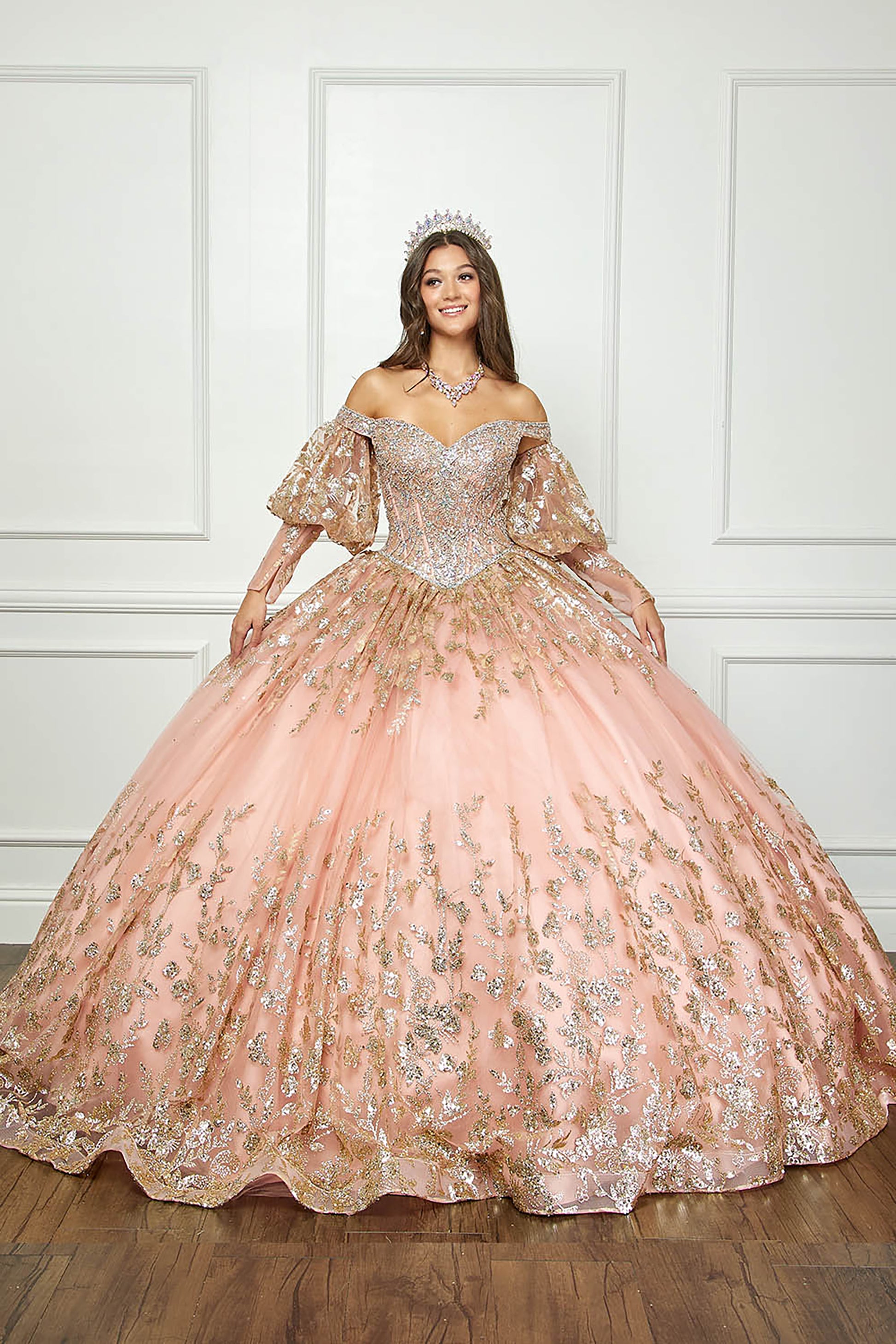 Rose Gold Detachable Train With Stones and Gems See-through Bodice Quince Ball Gown front view with sleeves