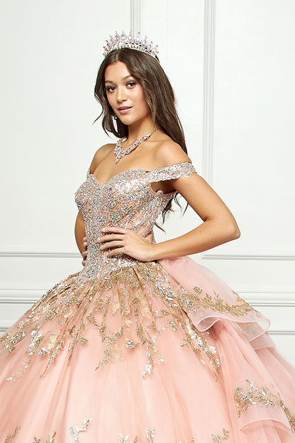 Rose Gold Detachable Train With Stones and Gems See-through Bodice Quince Ball Gown front view zoom with train