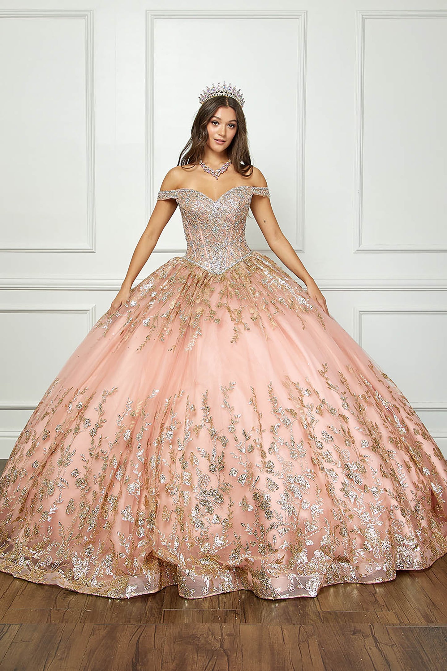 Rose Gold Detachable Train With Stones and Gems See-through Bodice Quince Ball Gown front view without sleeves