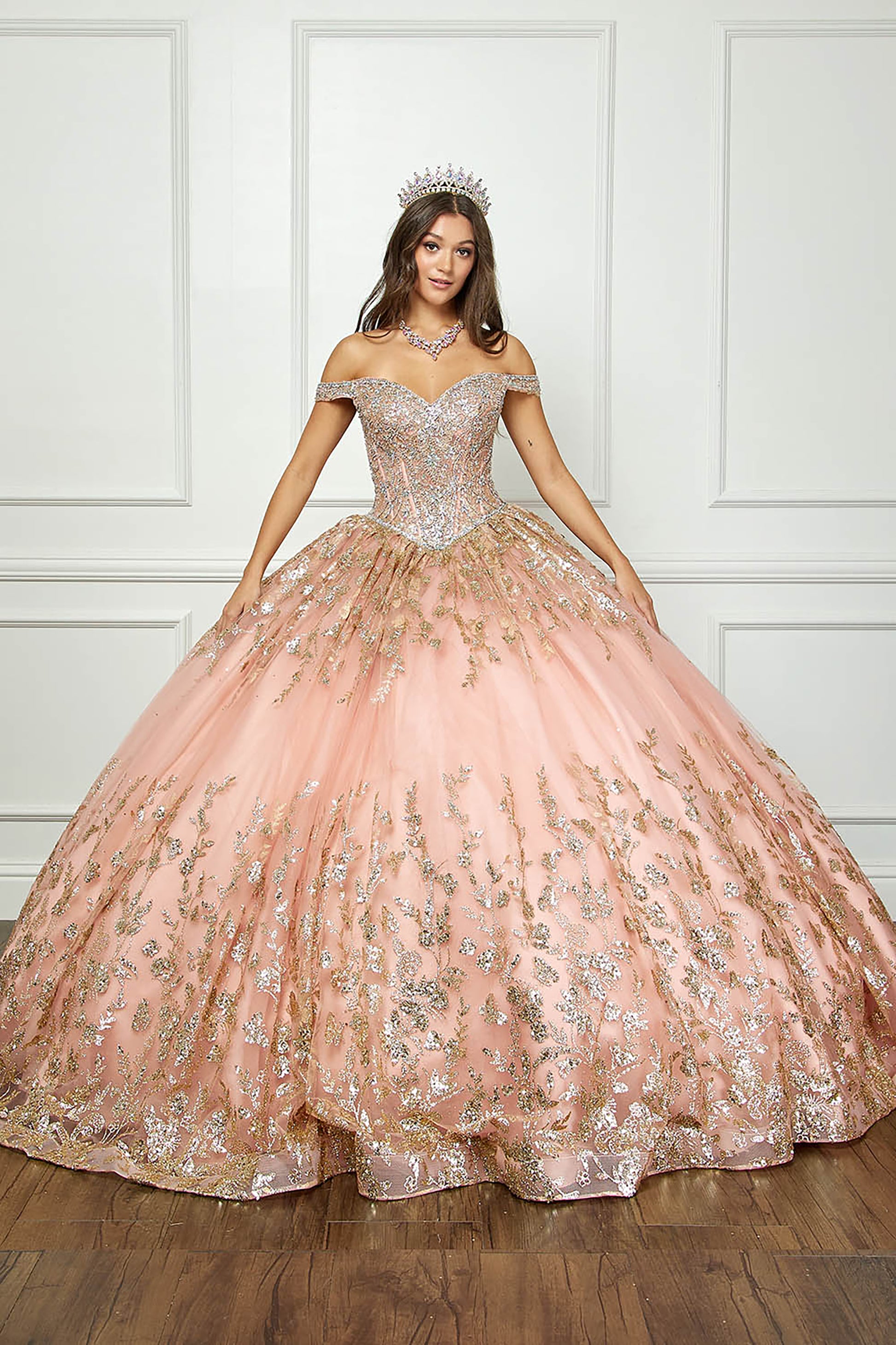 Rose Gold Detachable Train With Stones and Gems See-through Bodice Quince Ball Gown front view without sleeves