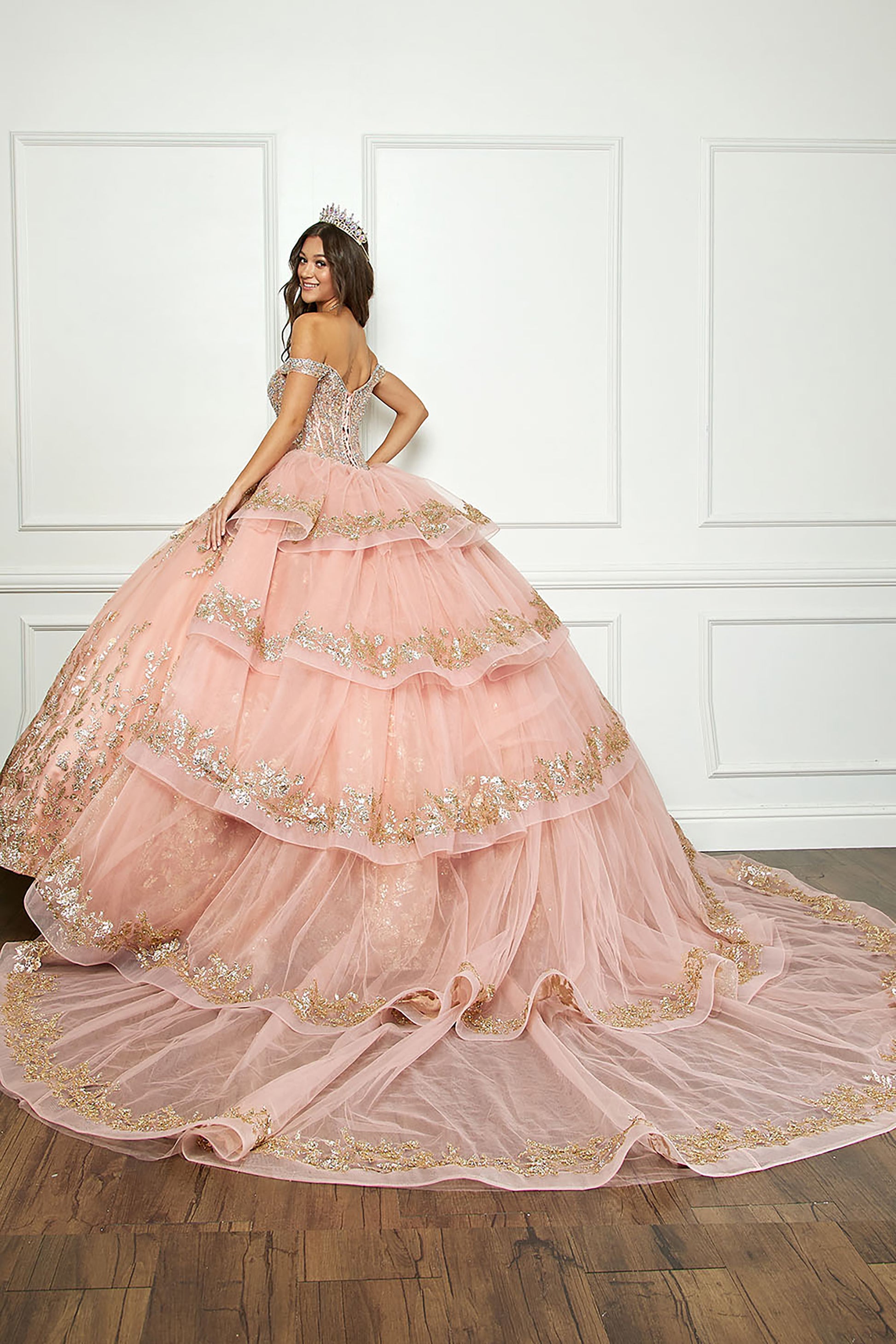 Rose Gold Detachable Train With Stones and Gems See-through Bodice Quince Ball Gown back view with train