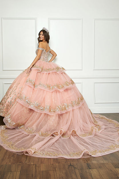 Rose Gold Detachable Train With Stones and Gems See-through Bodice Quince Ball Gown back view with train