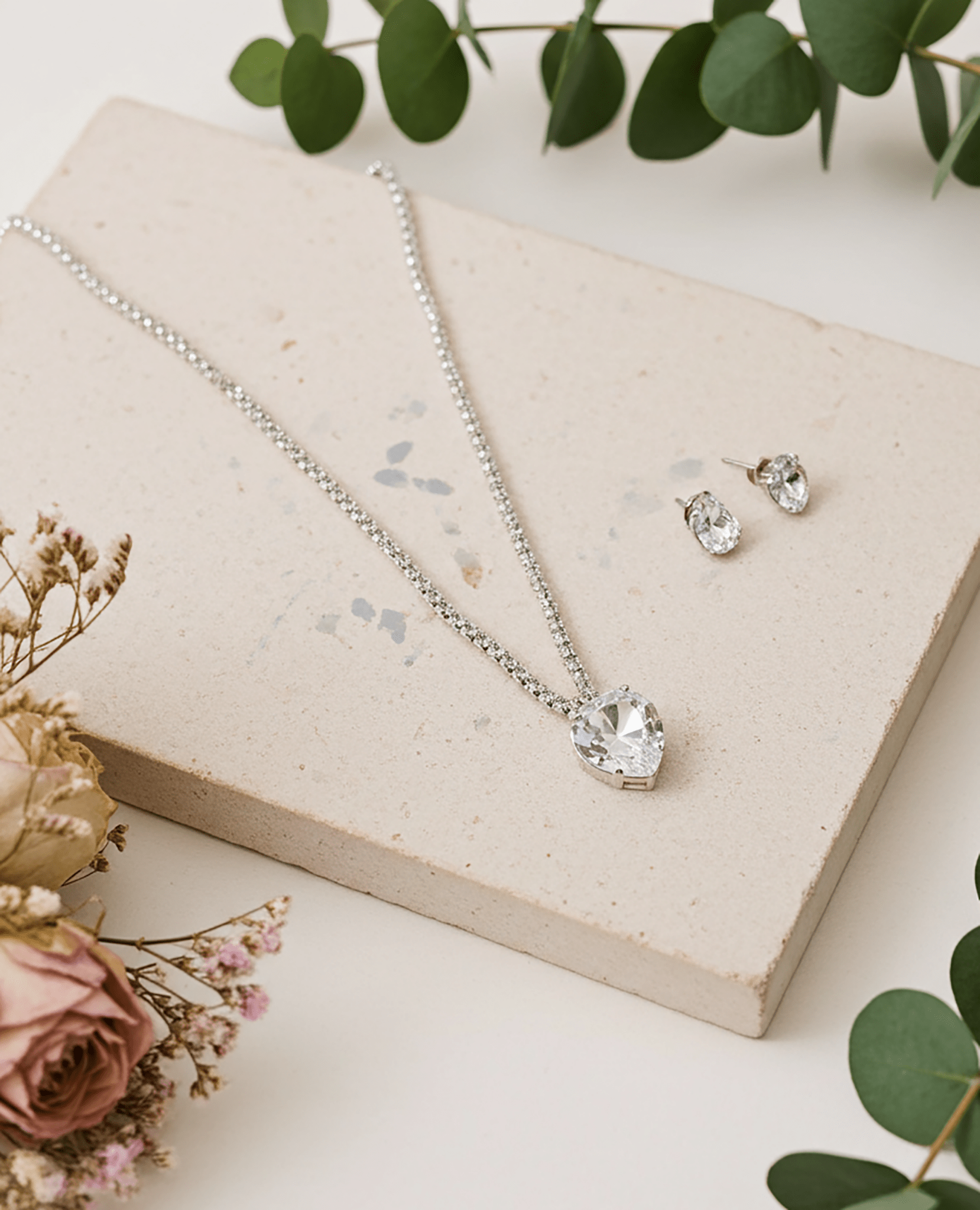 Silver rhinestone heart bridal, quinceañera and everyday women's necklace and earrings set.