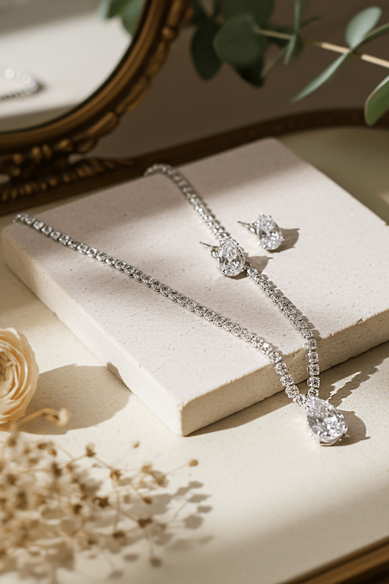 Silver rhinestone bridal, quinceañera and everyday women's necklace and earrings set.