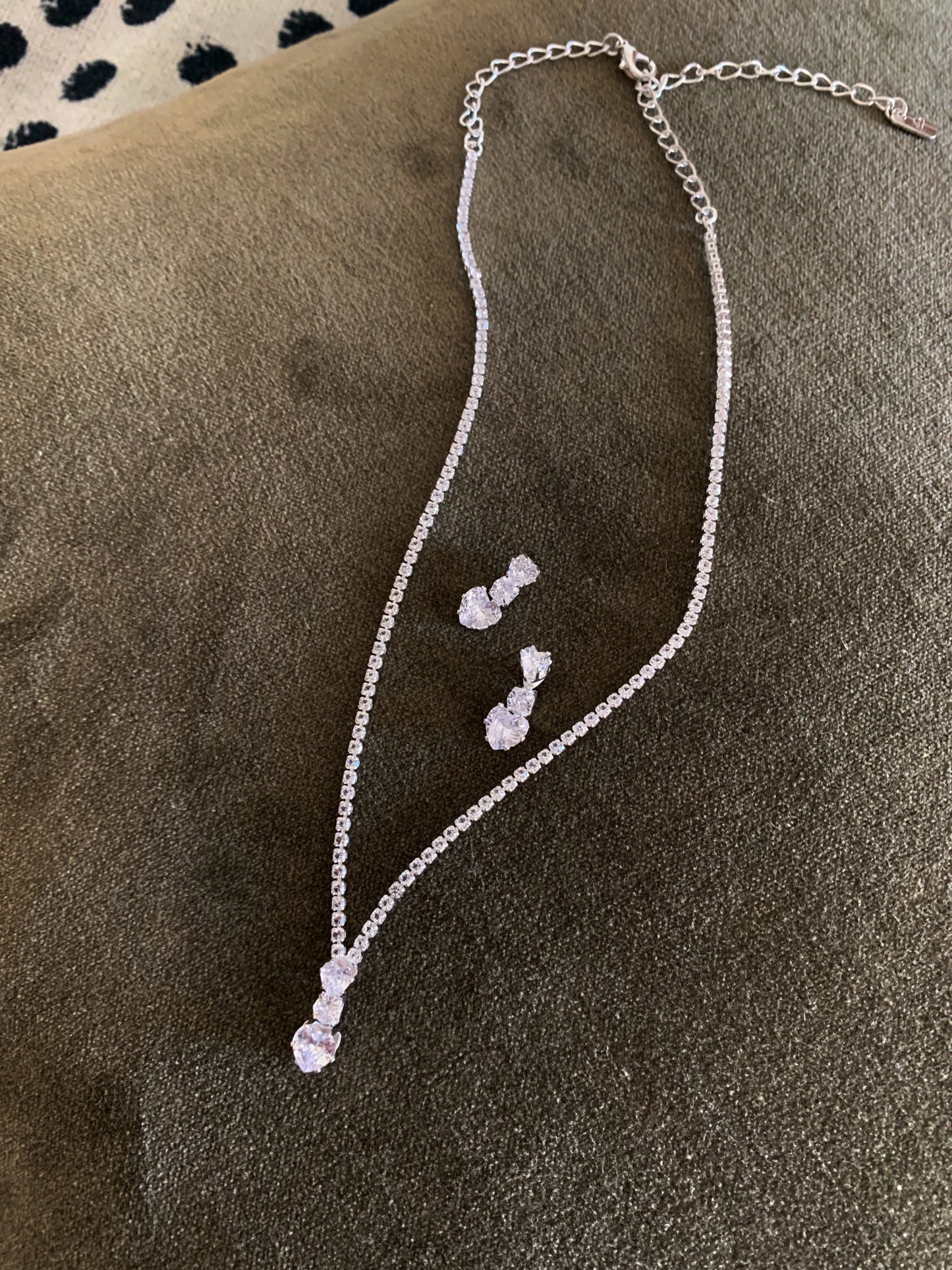 Silver rhinestone heart bridal necklace and earrings set.