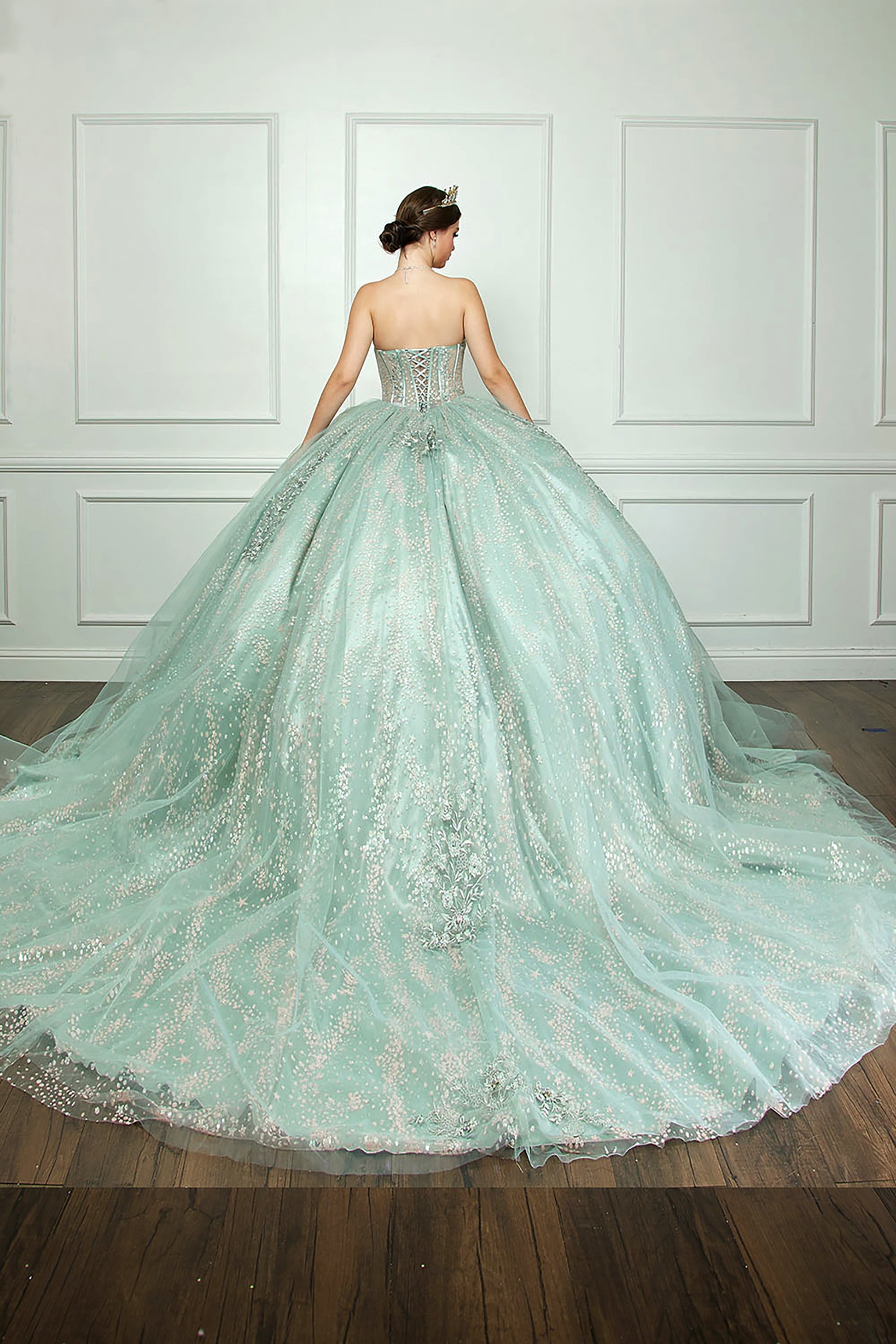 Quinceanera | Sage Long Train Dress with Sweetheart Neckline and Glitter Embellishments Sweet 15 Ballgown | Mafalda dress back with train