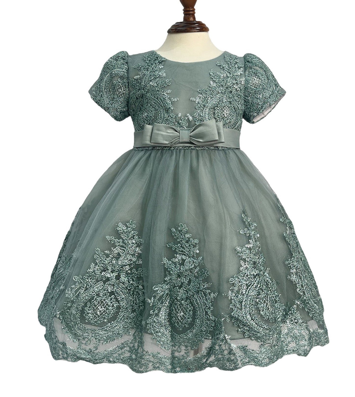 Sage Baby Elegant Embroidered Sleeved Tulle Dress | Ivy dress
