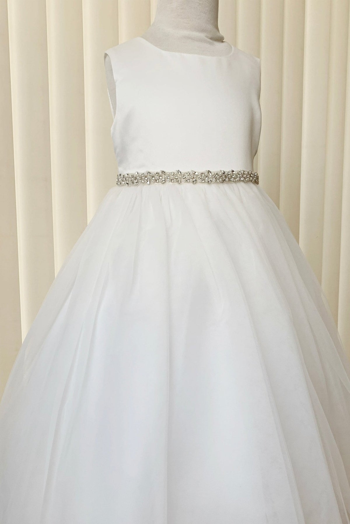 White pearl rhinestone flower girl sash belt.
