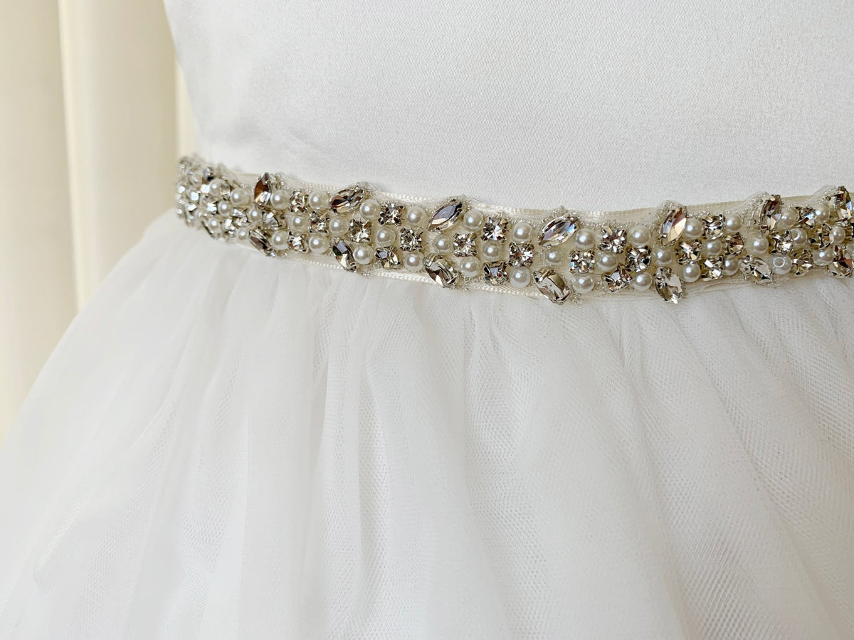 White pearl rhinestone flower girl sash belt.